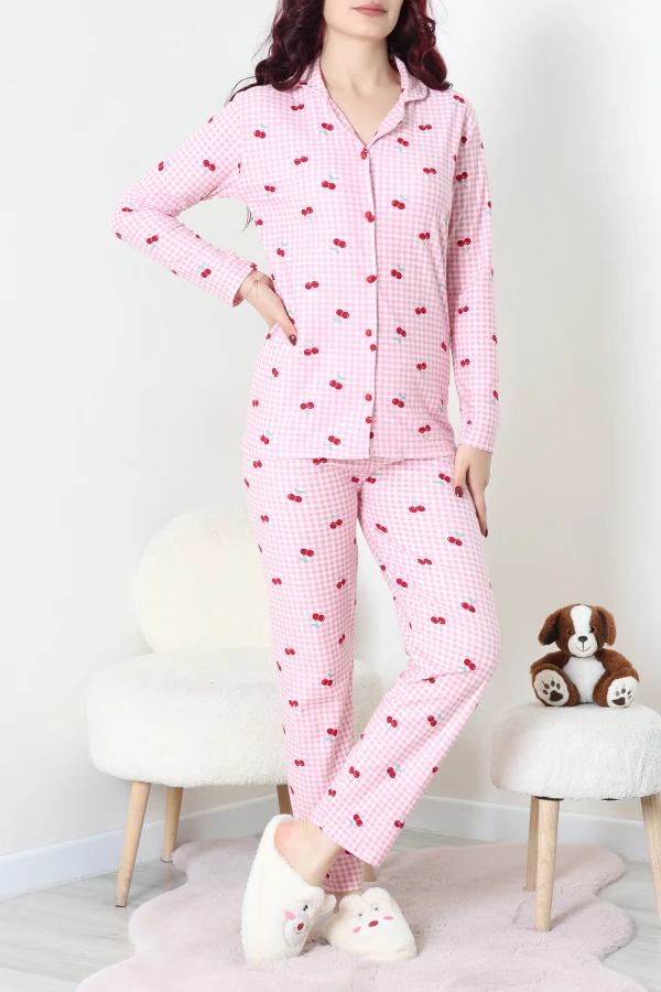 Kadın Pembe Süet Düğmeli Pijama Takımı Kiraz Baskılı 3