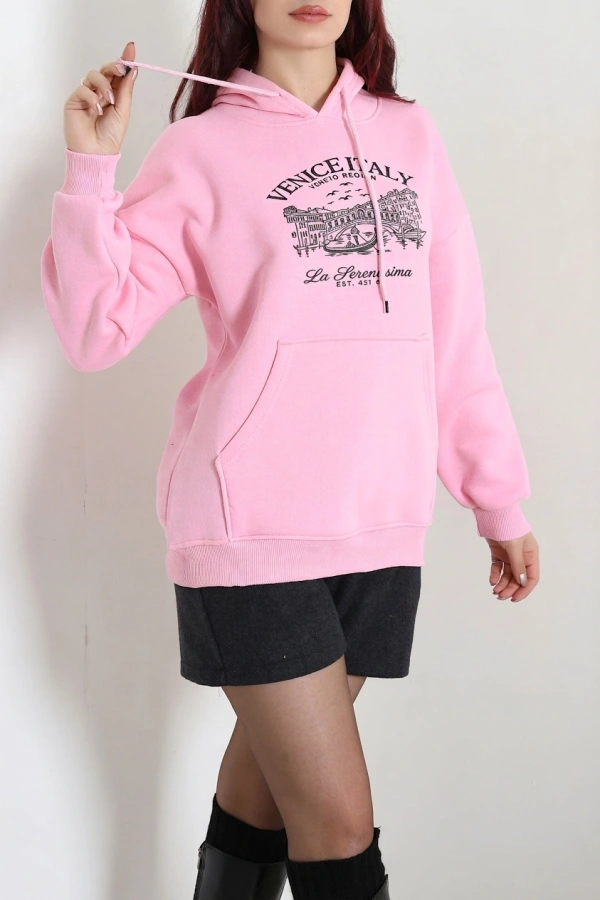 Kapşonlu Baskılı Sweat Pembe 3