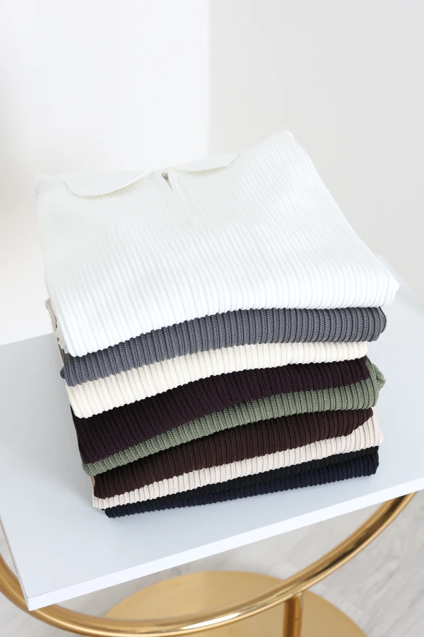 Fermuarlı Polo Yaka Erkek Triko Sweat Ekru 8