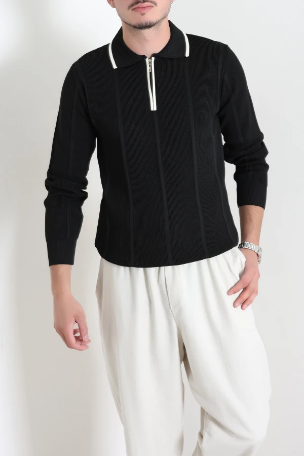 Çizgili Polo Yaka Erkek Triko Sweat Siyah 2