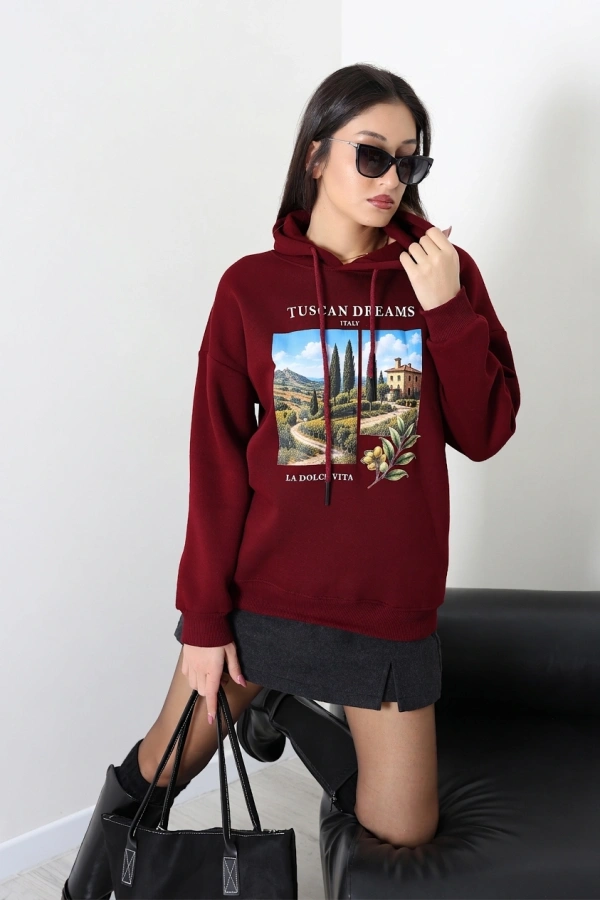 Kadın Bordo Üç İplik Kapüşonlu Baskılı Sweat Tunik