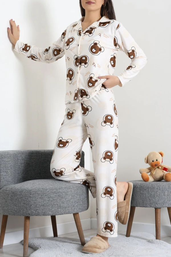 Süet Düğmeli Pijama Takımı Bejkahve 2