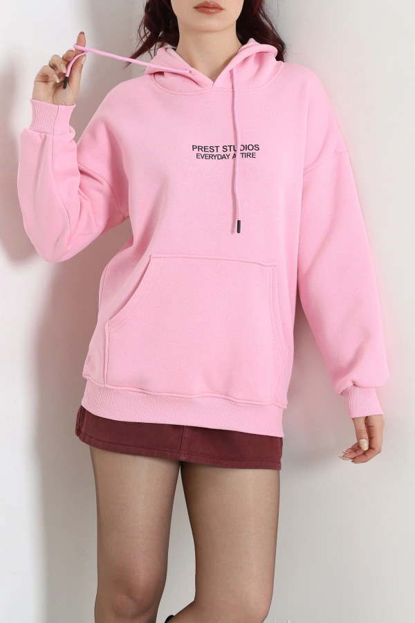 Kapşonlu Baskılı Sweat Pembe