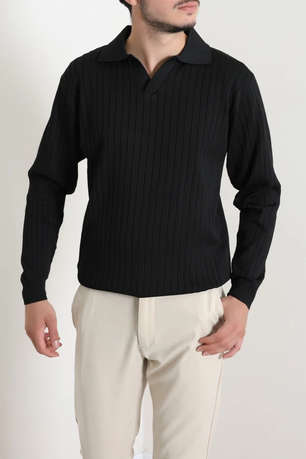 Erkek Siyah Polo Yaka Triko Sweat Uzun Kollu Basic