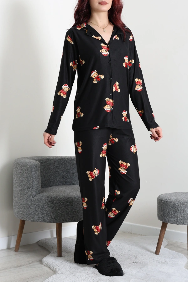 Kadın Siyah Kırmızı Süet Düğmeli Pijama Takımı 2
