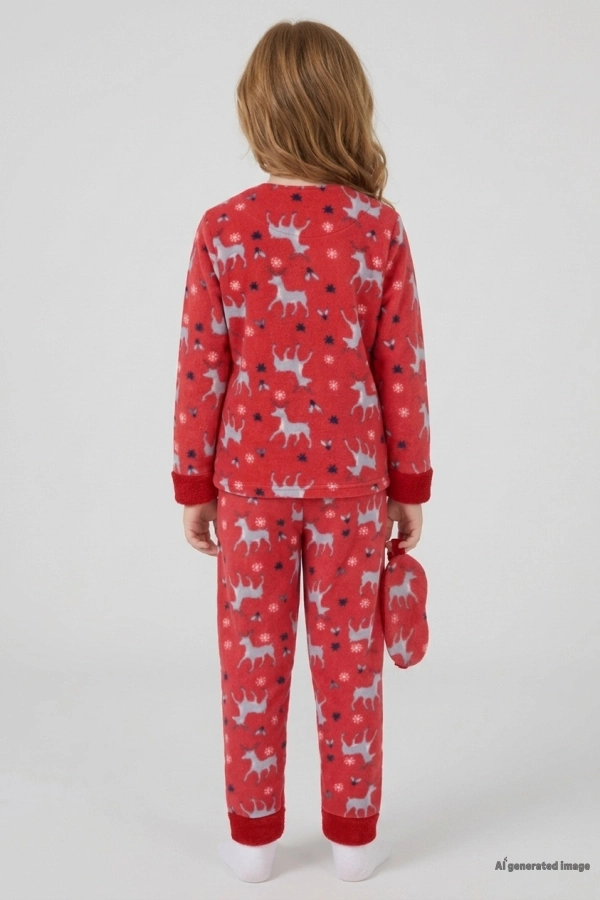 Çocuk Kırmızı Welsoft Kışlık Pijama Takımı Geyik Baskılı 3