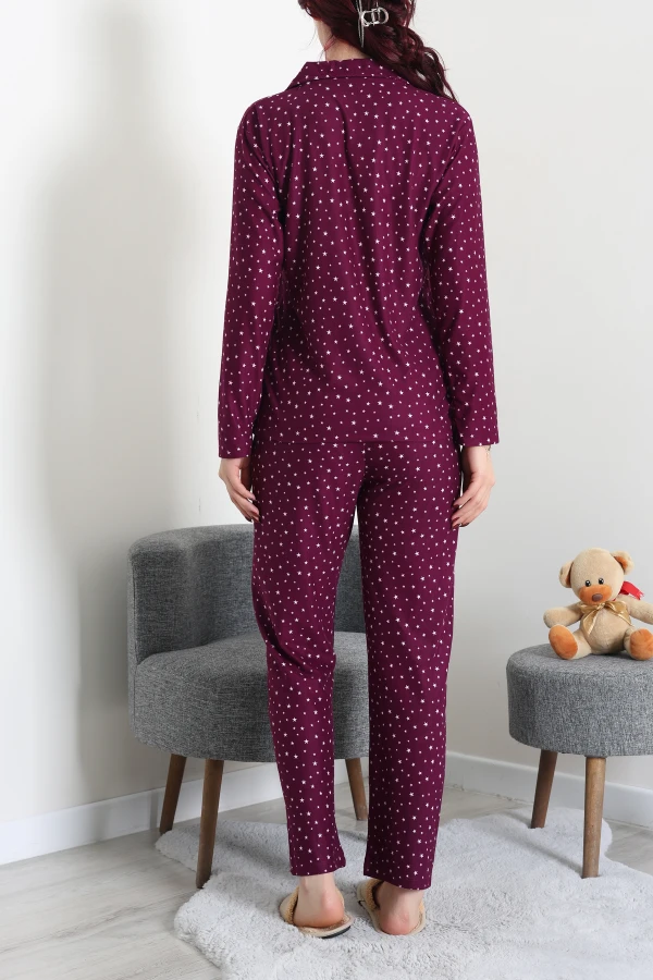 Kadın Mürdüm Süet Düğmeli Pijama Takımı Rahat Kalıp 7