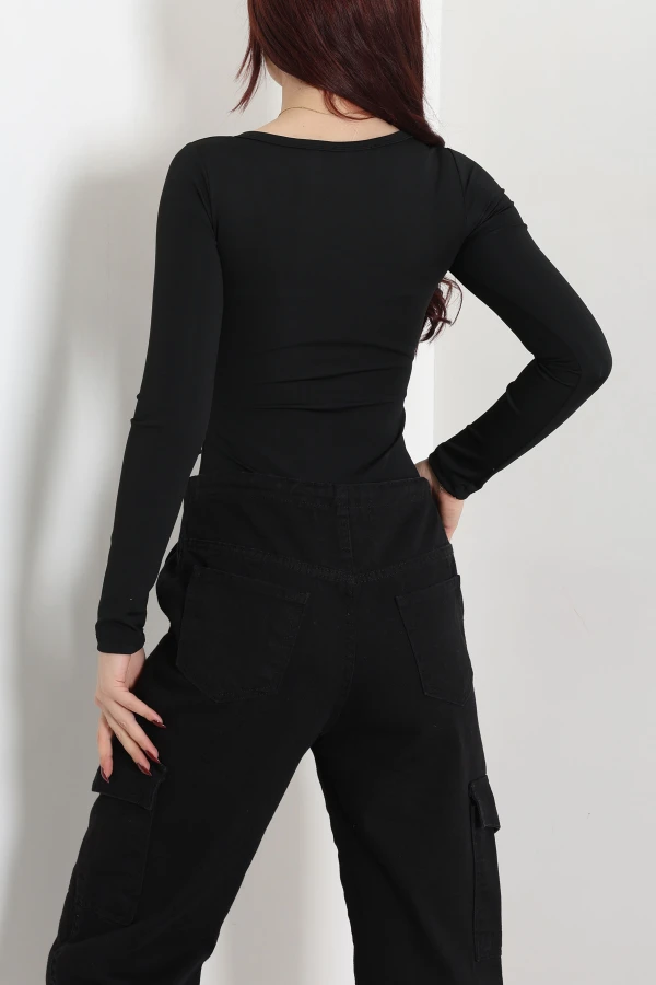 Kadın Siyah Uzun Kol Bisiklet Yaka Çıtçıtlı Body 7