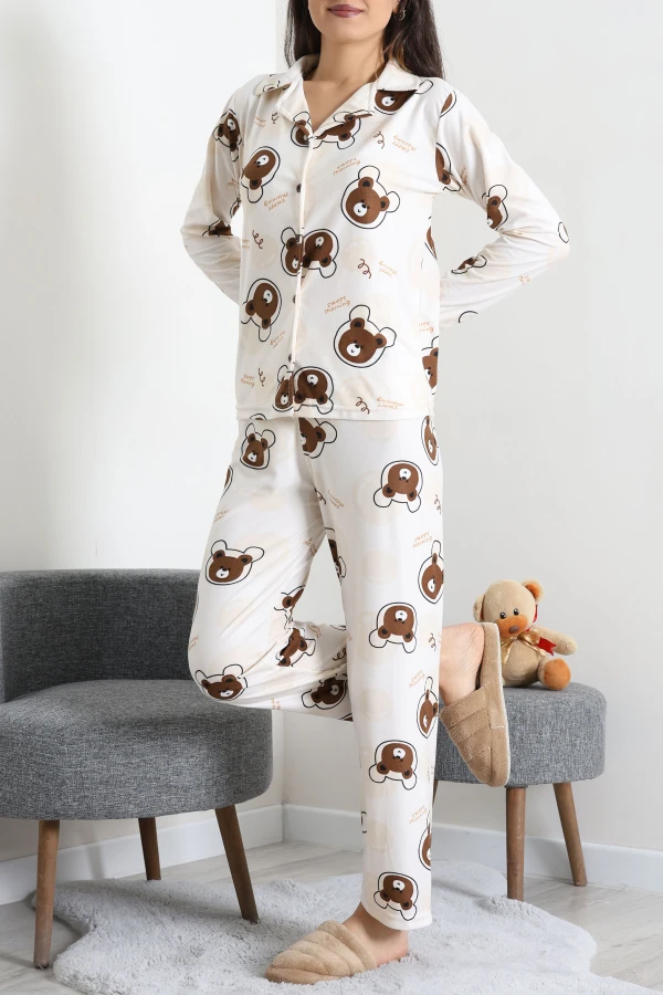 Süet Düğmeli Pijama Takımı Bejkahve 3