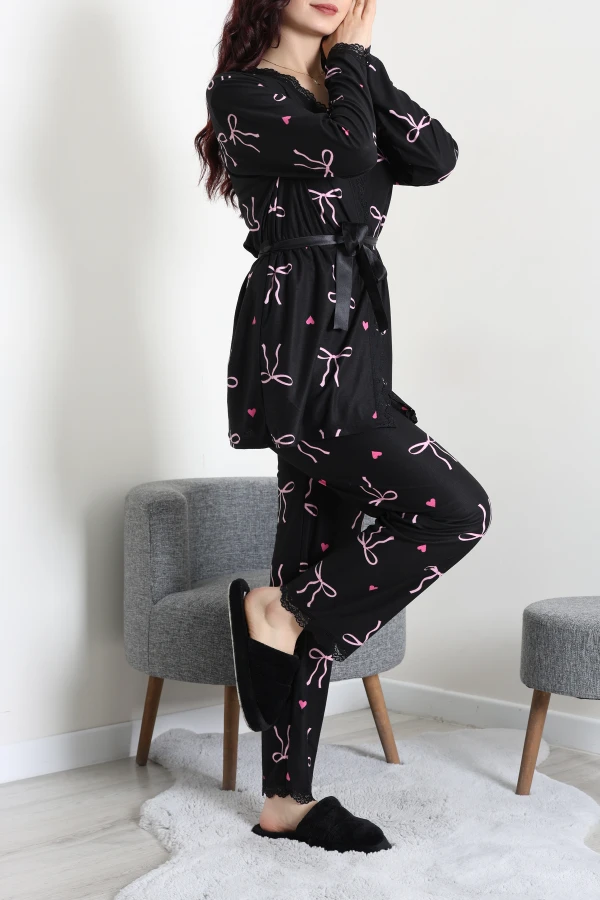 Süet 3'Lü Pijama Set Siyahkurdele 6
