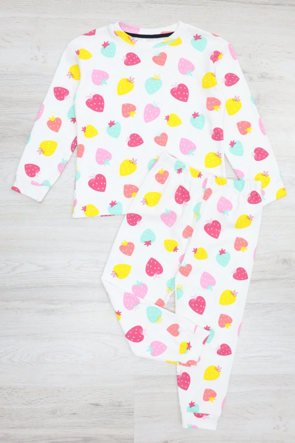 Çocuk Beyazpembe Pamuklu Rahat Kalıp Kız Pijama Takımı 4