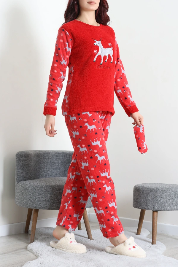 Kadın Kırmızı Welsoft Pijama Takımı Kışlık Rahat Fitilli 2