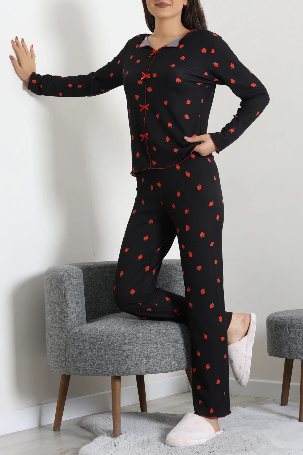 Kadın Siyah Kaşkorse Askılı Fitilli Pijama Takımı 7