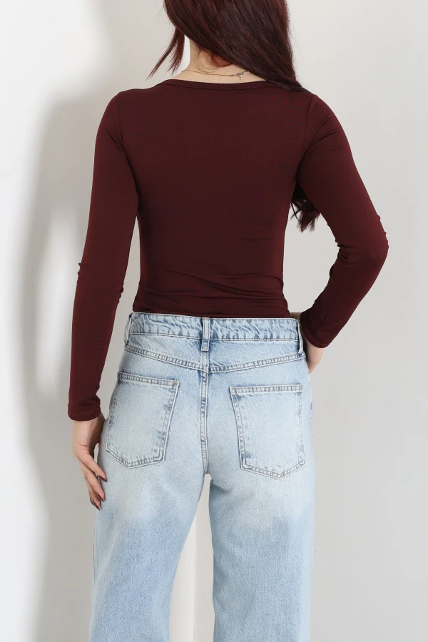 Kadın Bordo Dalgıç Bisiklet Yaka Uzun Kol Çıtçıtlı Body 7