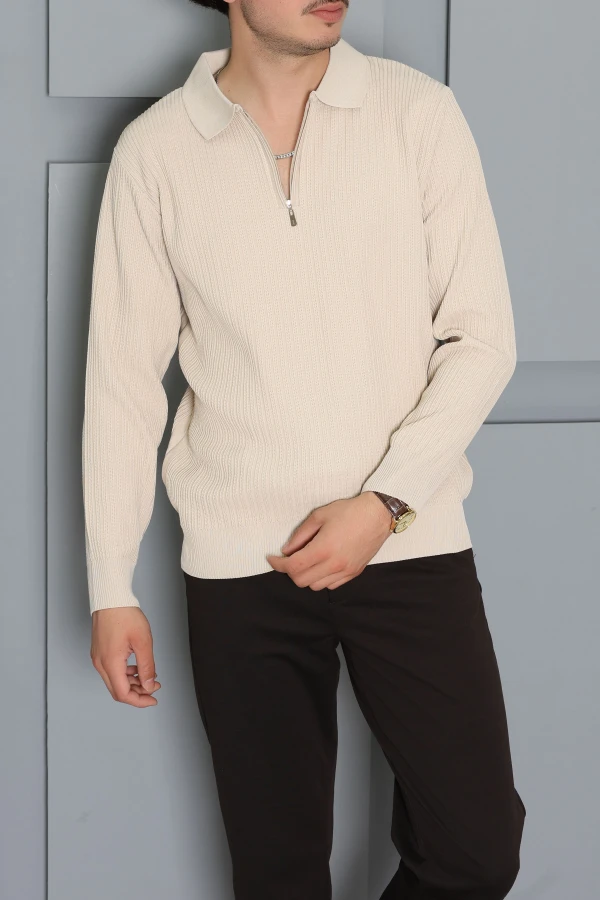 Fermuarlı Polo Yaka Erkek Triko Sweat Taş 6
