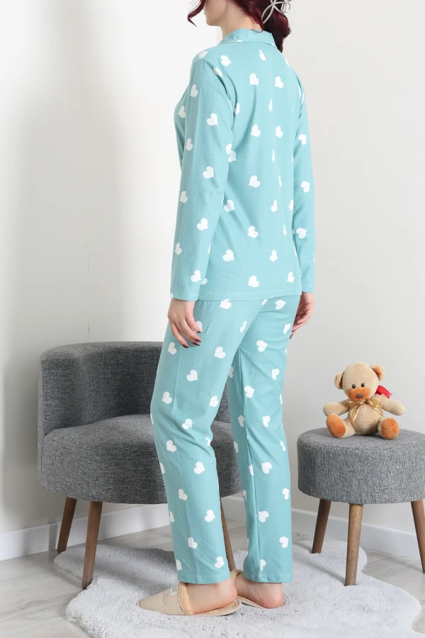 Kadın Mint Yeşili Süet Düğmeli Pijama Takımı 7