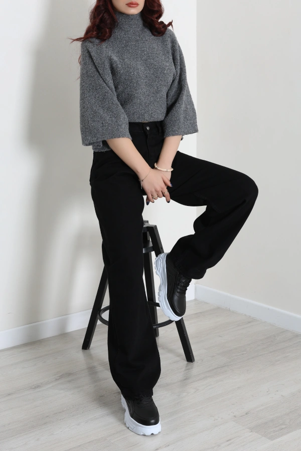 Kadın Siyah Baggy Fit Yüksek Bel Bol Paça Kot Pantolon 2