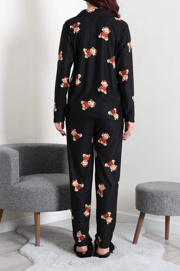 Kadın Siyah Kırmızı Süet Düğmeli Pijama Takımı 8