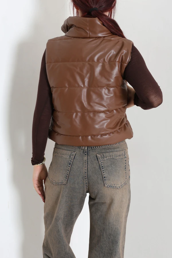 Astarlı Dik Yaka Deri Crop Yelek Taba 7