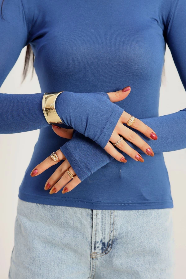 Bisiklet Yaka Parmak Geçmeli Viskon Body İndigo 6