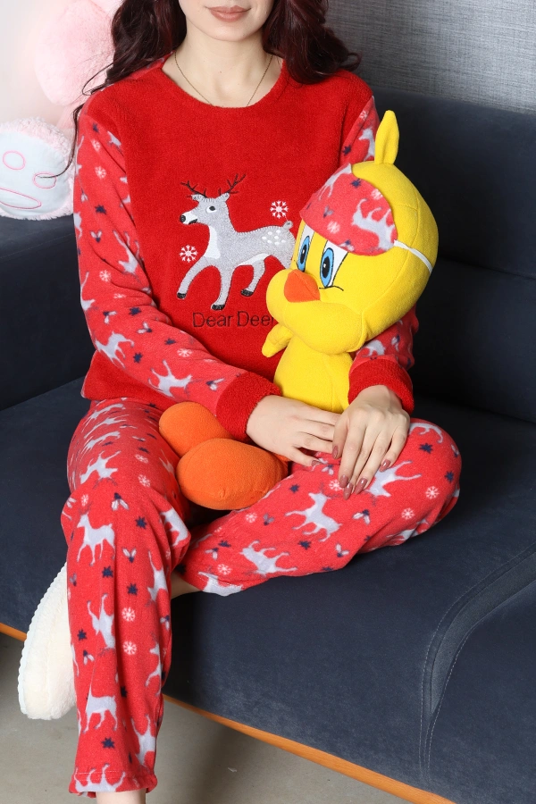 Kadın Kırmızı Welsoft Pijama Takımı Kışlık Rahat Fitilli