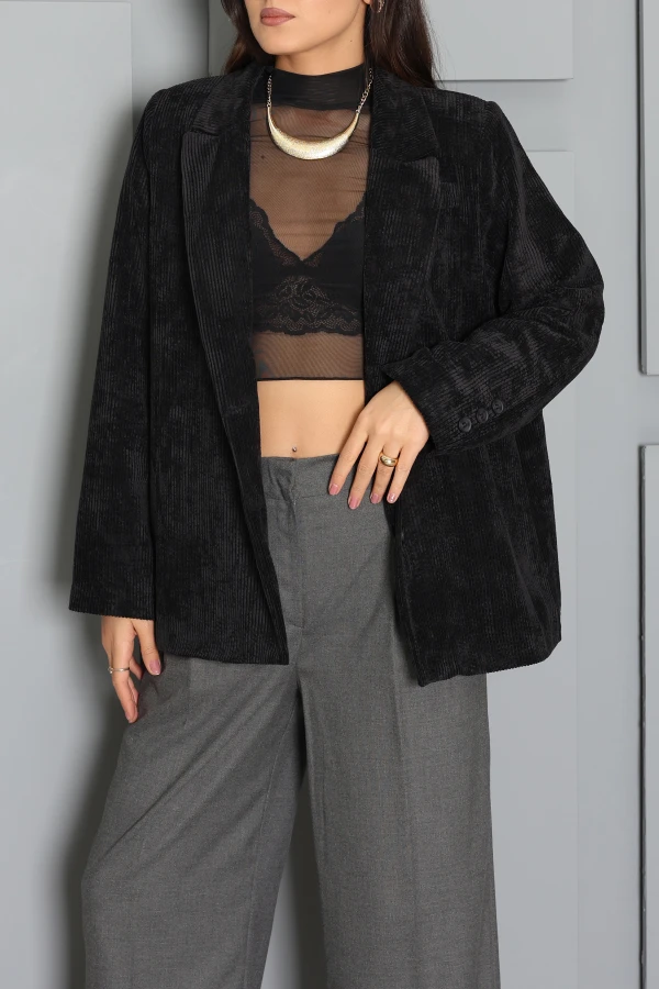 Oversize Astarlı Kadife Ceket Siyah 4