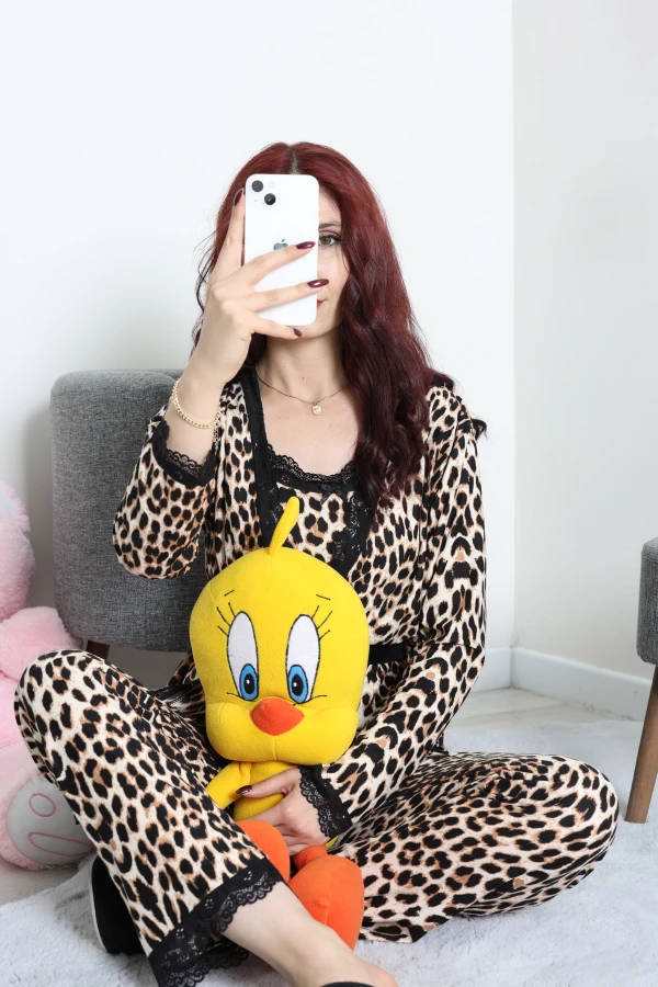 Süet 3'Lü Pijama Set Leopar 3