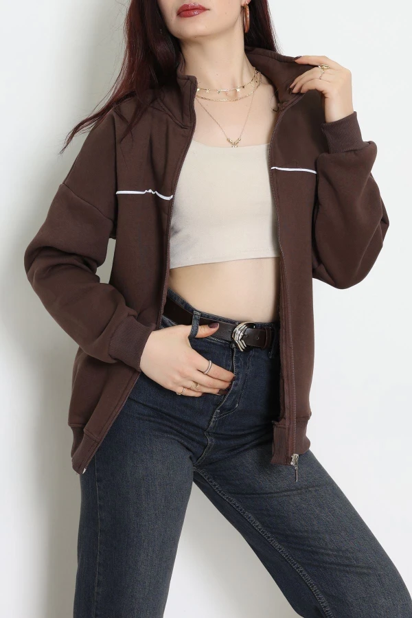 3 İplik Kompakt Oversize Biye Detaylı Sweat Kahve 5