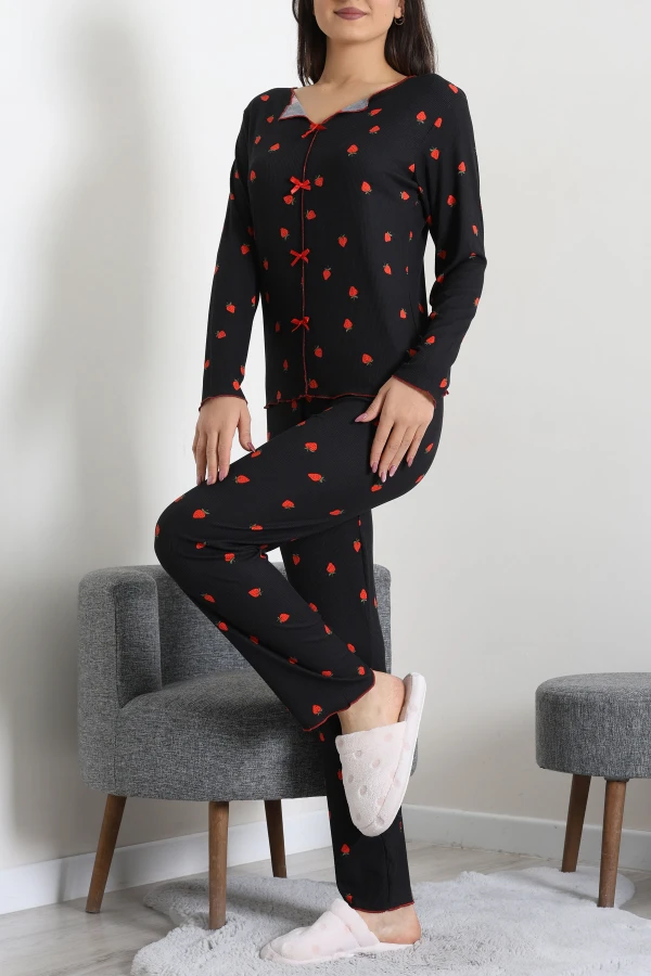 Kadın Siyah Kaşkorse Askılı Fitilli Pijama Takımı 6
