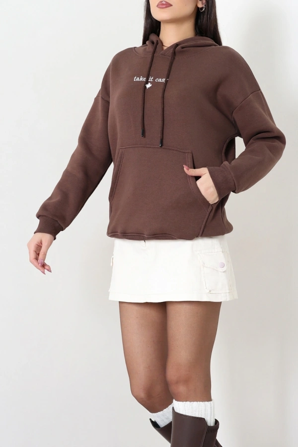 Kadın Kahve Üç İplik Kapüşonlu Nakışlı Sweatshirt Tunik 5