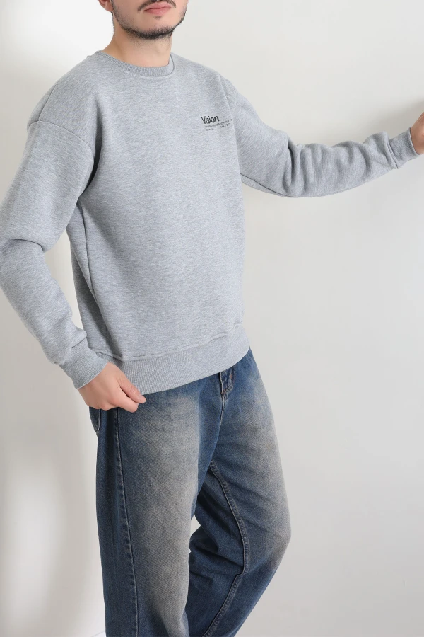 Bisiklet Yaka Baskılı Şardonlu 3 İplik Erkek Sweat Gri 6