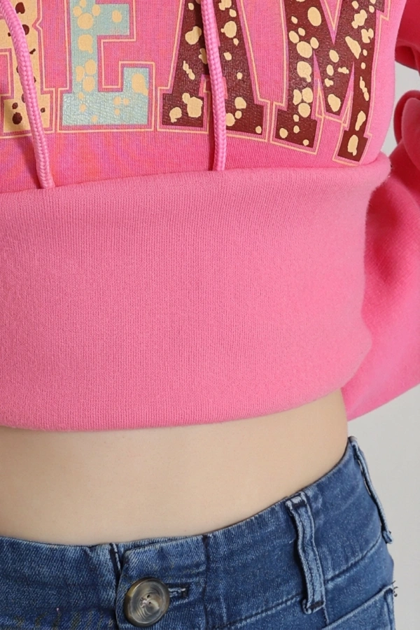 Kadın Pembe Üç İplik Baskılı Kapüşonlu Sweat 7