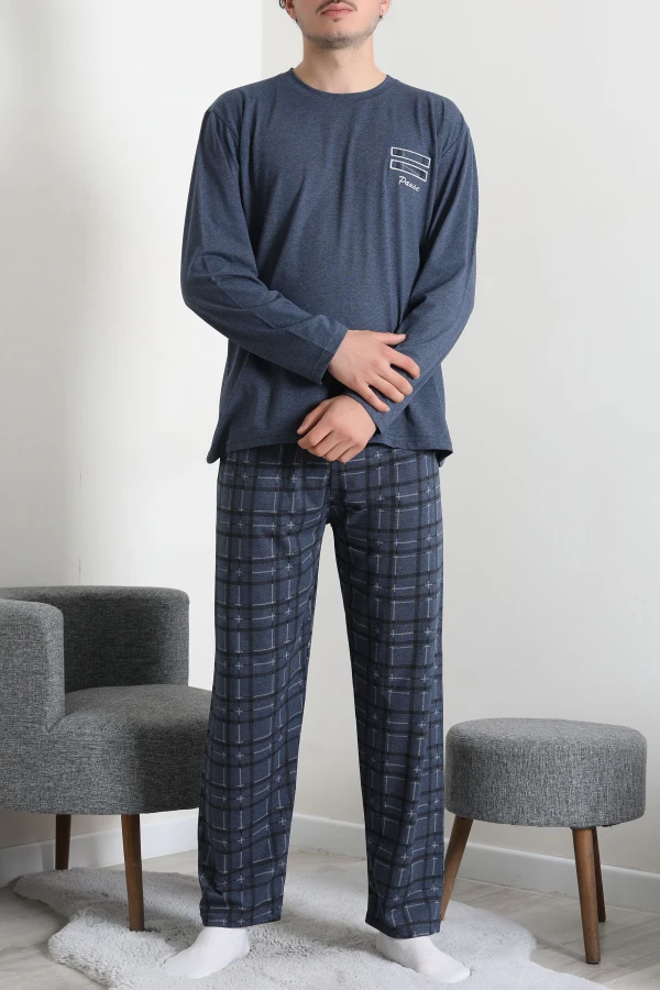 Erkek Koyu Mavi Süprem Ekose Bisiklet Yaka Uzun Kol Cepli Pijama Takımı 3