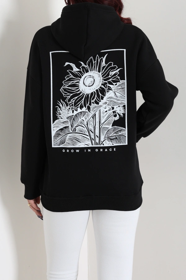 Kadın Siyah Kapüşonlu Baskılı Oversize Sweat 8