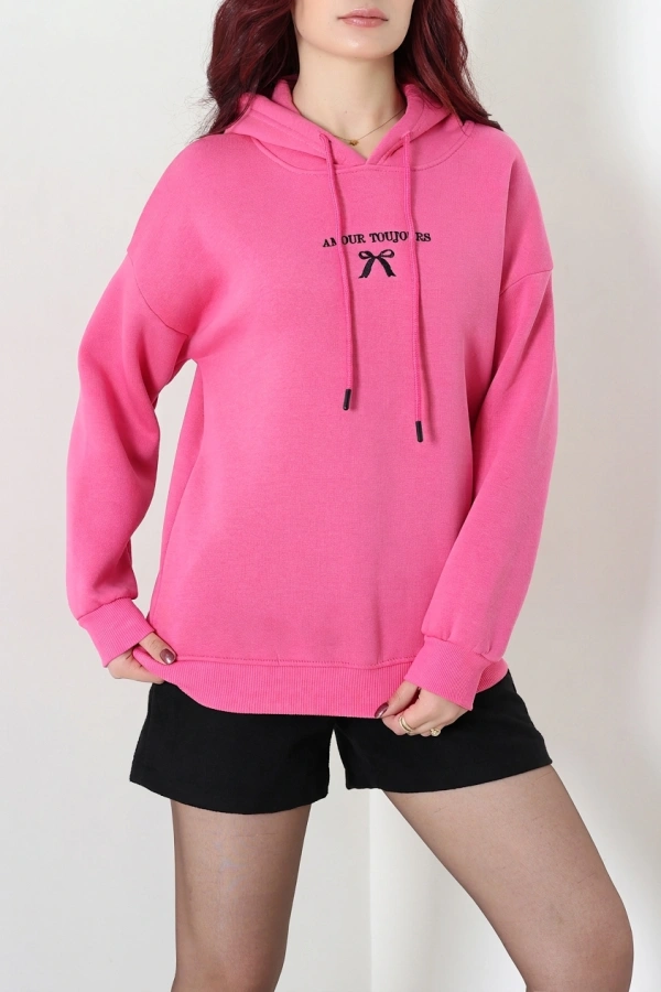 Kadın Pembe Üç İplik Kapüşonlu Nakışlı Sweat Tunik 3