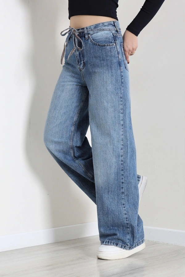 Kadın Açık Mavi Geniş Paça Yüksek Bel Kot Pantolon 7