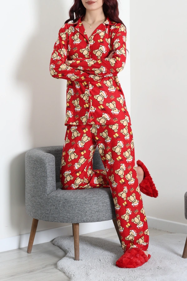 Kadın Kırmızıvizon Süet Düğmeli Rahat Pijama Takımı 7
