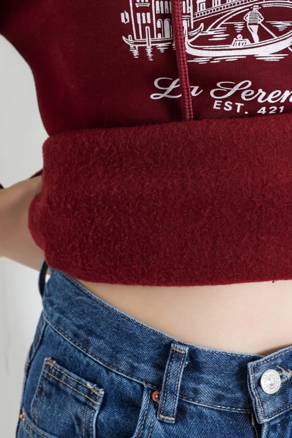 Kapşonlu Baskılı Sweat Bordo 7