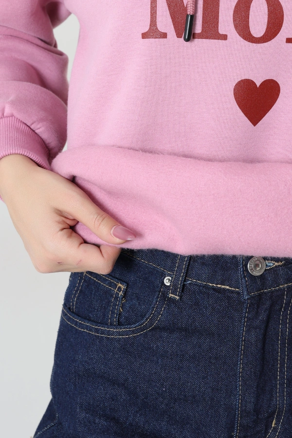 Kadın Pembe Üç İplik Kapüşonlu Baskılı Sweat Tunik 7