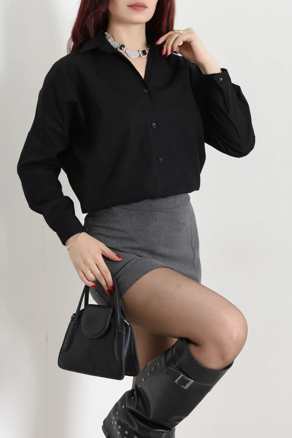 Oversize Poplin Gömlek Siyah 2