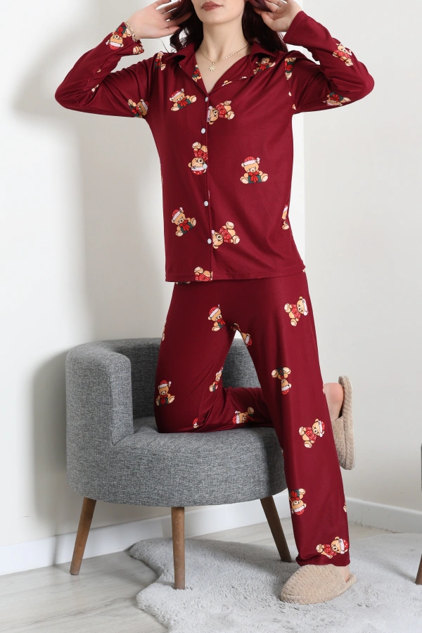 Kadın Bordo Süet Düğmeli Pijama Takımı 7