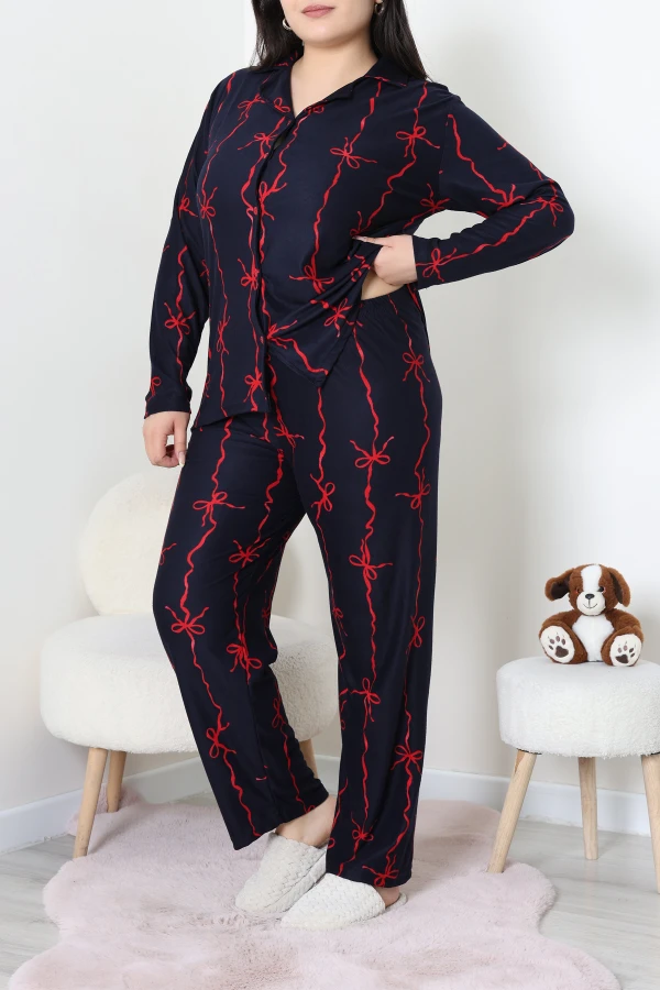 Kadın Lacivert Süet Büyük Beden Düğmeli Pijama Takımı 2