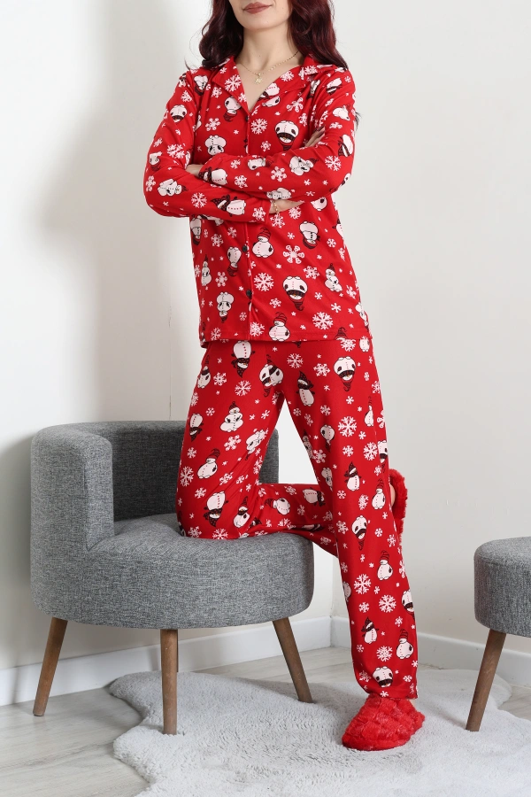 Kadın Kırmızı Beyaz Süet Düğmeli Rahat Pijama Takımı 7