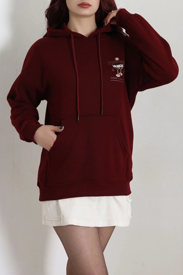 Kadın Bordo Üç İplik Kapüşonlu Baskılı Sweat Tunik 3
