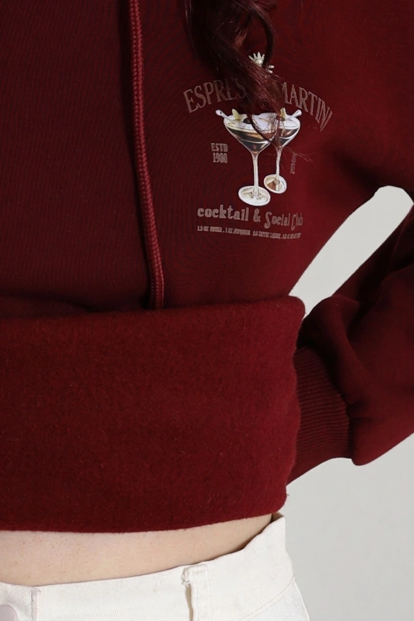 Kadın Bordo Üç İplik Kapüşonlu Baskılı Sweat Tunik 7