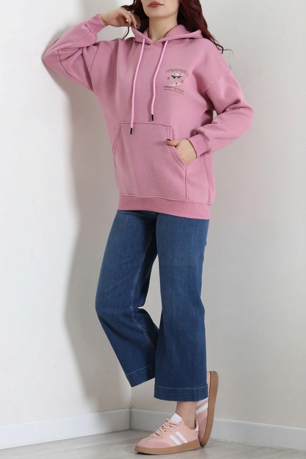 Kadın Pembe Üç İplik Kapüşonlu Baskılı Sweat Tunik 6