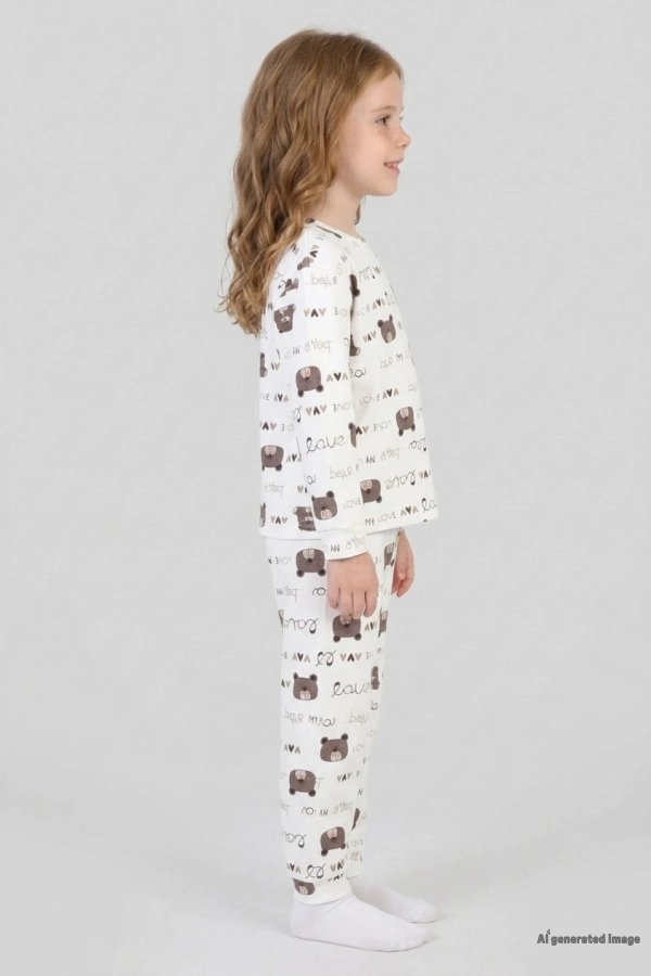 Çocuk Beyazkahve Desenli Pamuklu Rahat Kesim Pijama Takımı 2