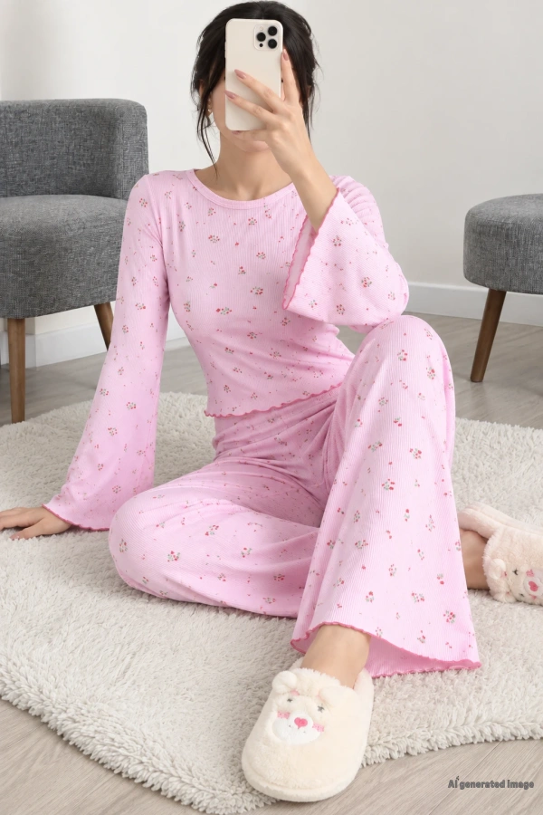 Kaşkorse İspanyol Kol Pijama Takımı Pembeçiçekli