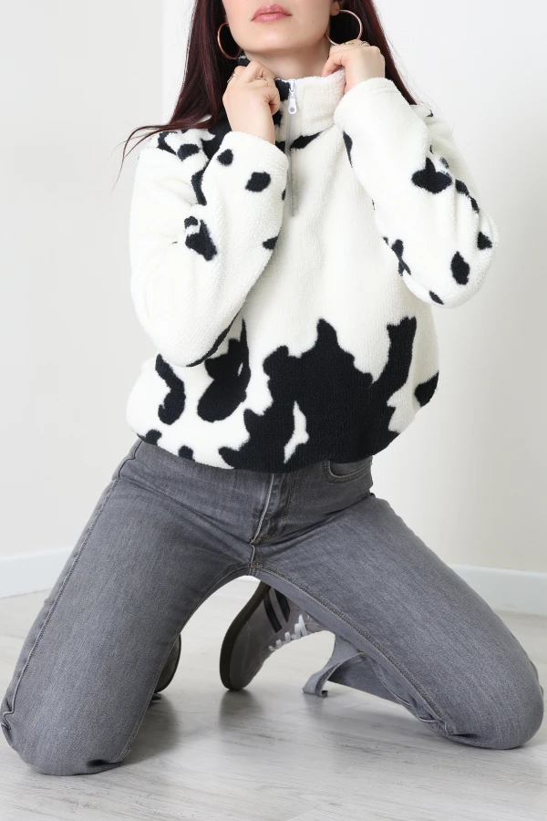 Kadın Ekru Oversize Yarım Fermuarlı Peluş Sweatshirt Tunik 6