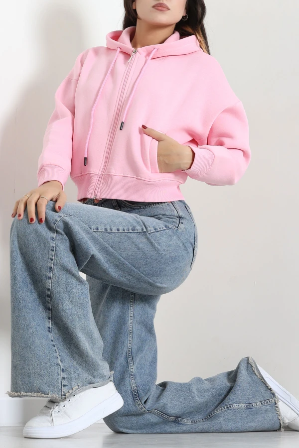 Kadın Pembe Oversize Fleto Cepli 3 İplik Kompakt Sweat 2